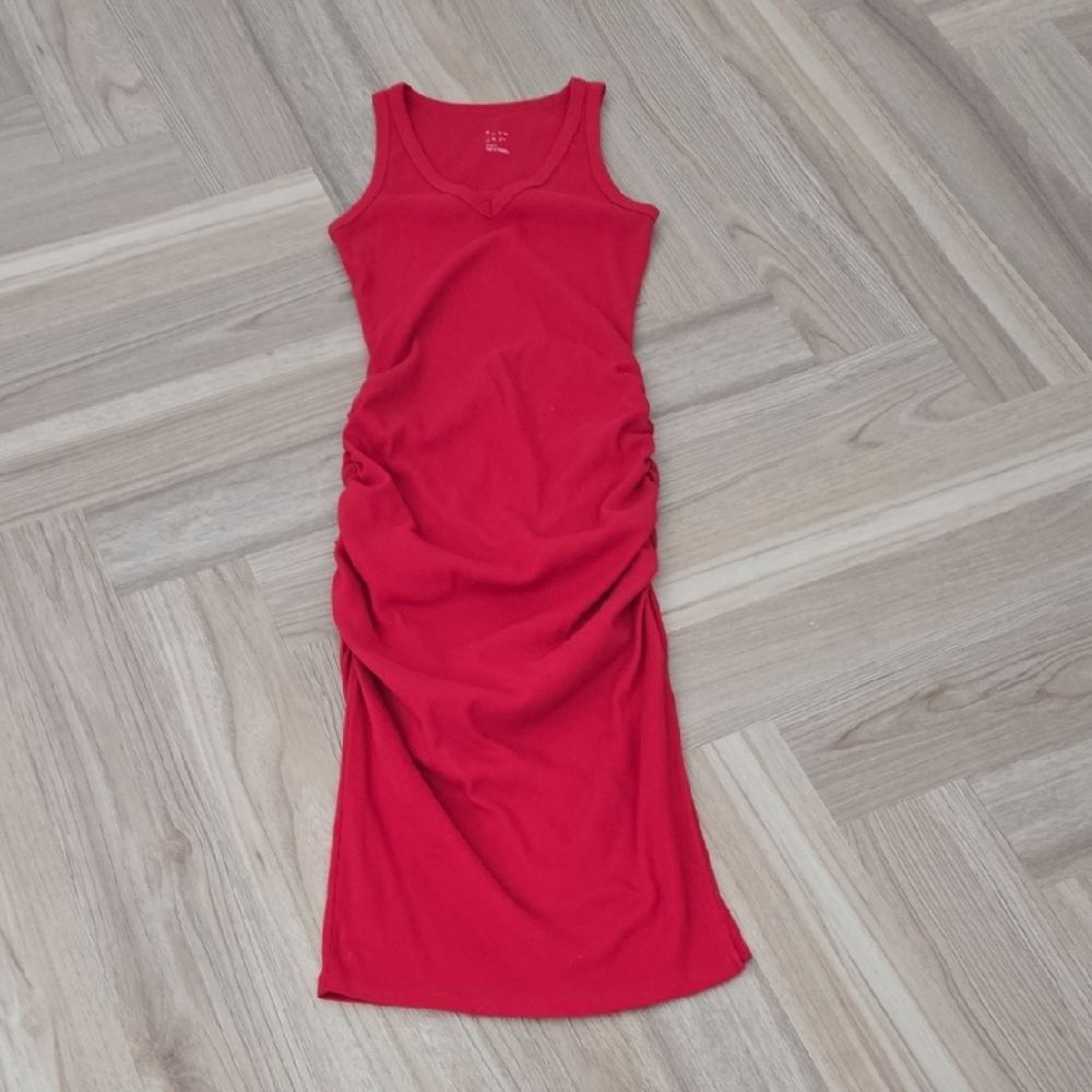 A New Day Vibrant Red Midi Dress SMALL Side Rouched NWOT